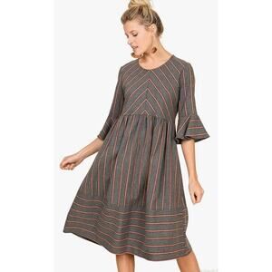 Raw Edge‎ Boutique NWOT Striped 3/4 Bell Sleeve Round Neck Woven A-Line Dress S